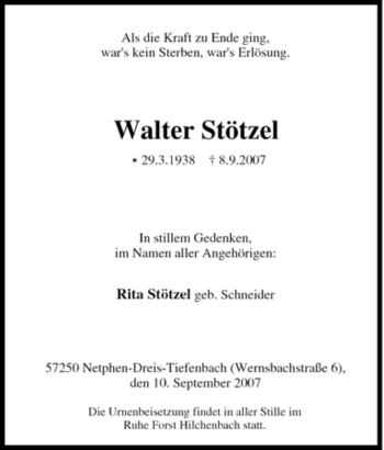 Traueranzeige von Walter Stötzel von Tageszeitung