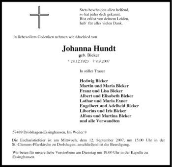 Traueranzeige von Johanna Hundt von Tageszeitung