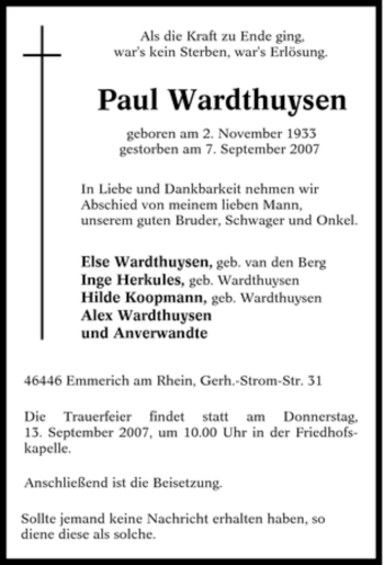 Traueranzeige von Paul Wardthuysen von Tageszeitung
