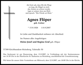Traueranzeige von Agnes Flöper von Tageszeitung