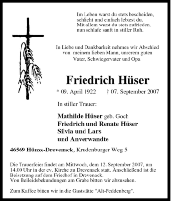 Traueranzeige von Friedrich Hüser von Tageszeitung