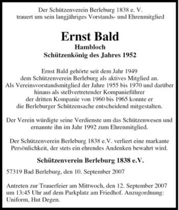 Traueranzeige von Ernst Bald von Tageszeitung