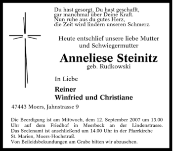 Traueranzeige von Anneliese Steinitz von Tageszeitung