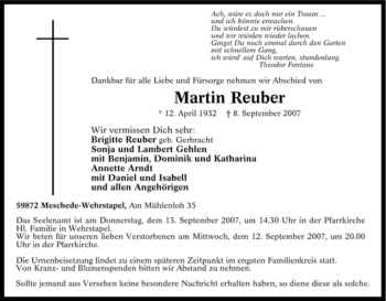 Traueranzeige von Martin Reuber von Tageszeitung
