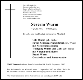 Traueranzeige von Severin Wurm von Tageszeitung