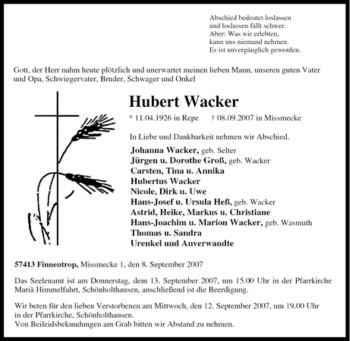 Traueranzeige von Hubert Wacker von Tageszeitung