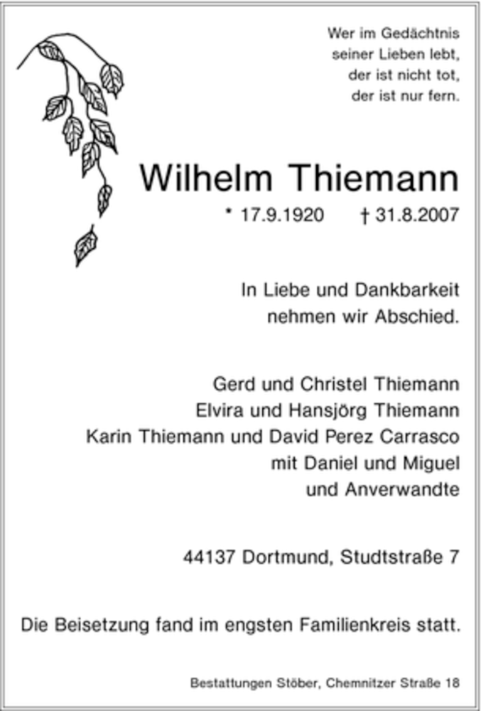 Traueranzeigen von Wilhelm Thiemann TrauerinNRW.de