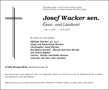 Traueranzeige von Josef Wacker von Tageszeitung