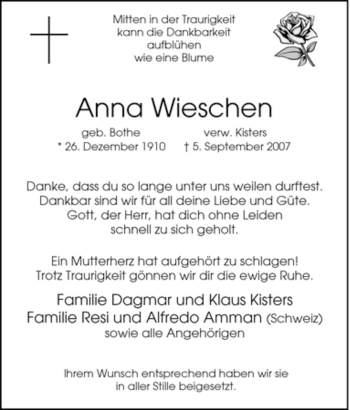 Traueranzeige von Anna Wieschen von Tageszeitung