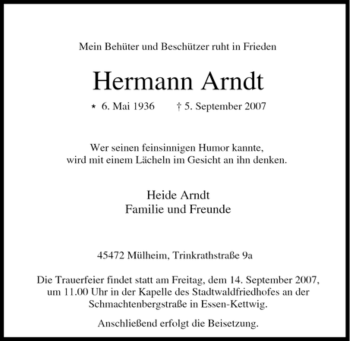 Traueranzeige von Hermann Arndt von Tageszeitung
