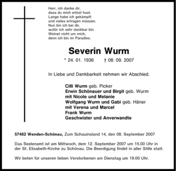 Traueranzeige von Severin Wurm von Tageszeitung