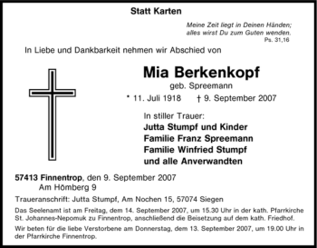 Traueranzeige von Mia Berkenkopf von Tageszeitung