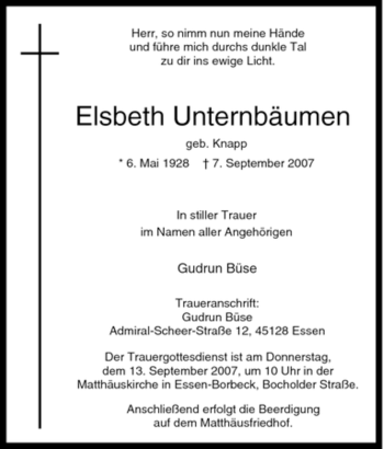 Traueranzeige von Elsbeth Unternbäumen von Tageszeitung