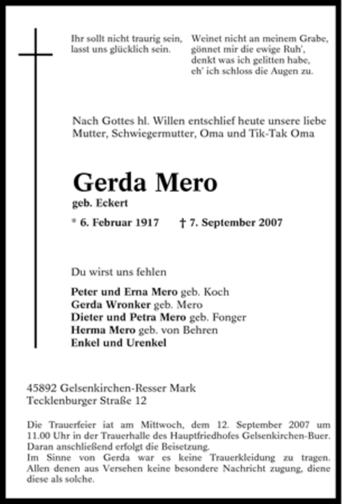  Traueranzeige für Gerda Mero vom 11.09.2007 aus Tageszeitung