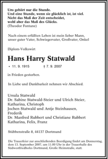 Traueranzeige von Hans Harry Statwald von Tageszeitung