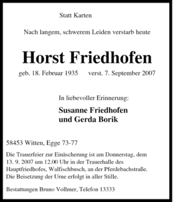 Traueranzeige von Horst Friedhofen von Tageszeitung