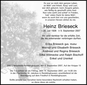 Traueranzeige von Heinz Brieseck von Tageszeitung