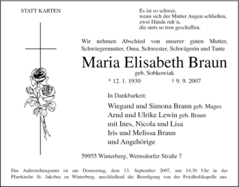 Traueranzeige von Maria Elisabeth Braun von Tageszeitung