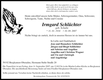 Traueranzeige von Irmgard Schlüchter von Tageszeitung