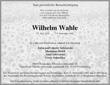 Traueranzeige von Wilhelm Wahle von Tageszeitung
