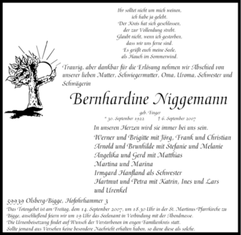 Traueranzeige von Bernhardine Niggemann von Tageszeitung