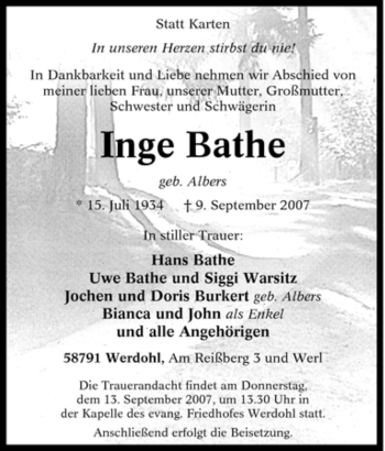 Traueranzeige von Inge Bathe von Tageszeitung
