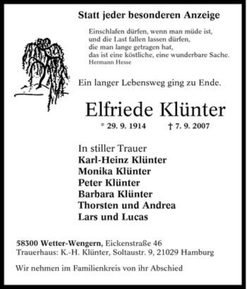 Traueranzeige von Elfriede Klünter von Tageszeitung