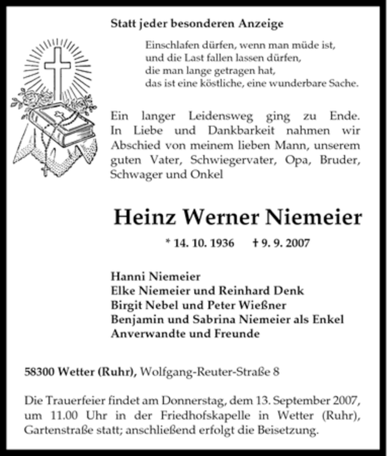  Traueranzeige für Heinz Werner Niemeier vom 11.09.2007 aus Tageszeitung