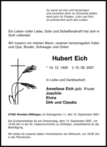 Traueranzeige von Hubert Eich von Tageszeitung