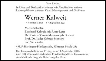 Traueranzeige von Werner Kalweit von Tageszeitung