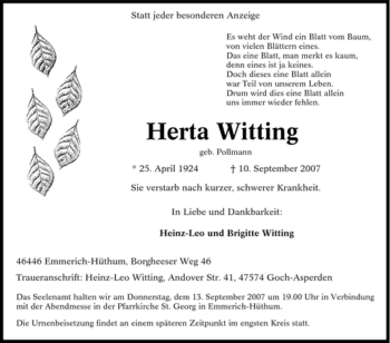 Traueranzeige von Herta Witting von Tageszeitung