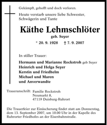 Traueranzeige von Käthe Lehmschlöter von Tageszeitung