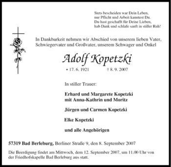 Traueranzeige von Adolf Kopetzki von Tageszeitung