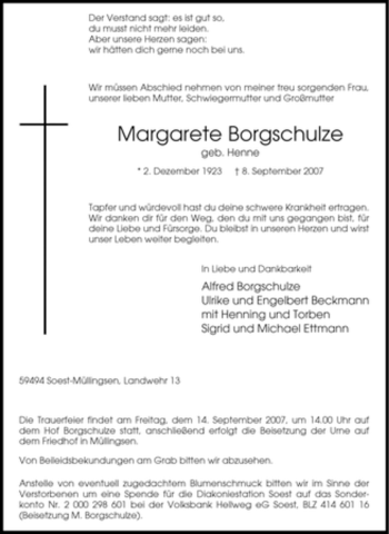 Traueranzeige von Margarete Borgschulze von Tageszeitung