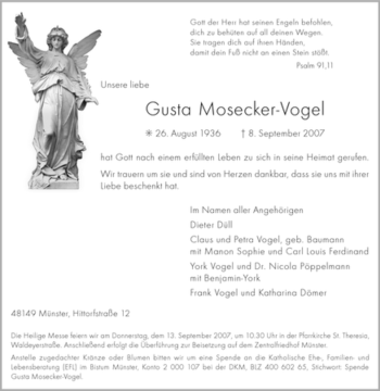 Traueranzeige von Gusta Mosecker-Vogel von Tageszeitung
