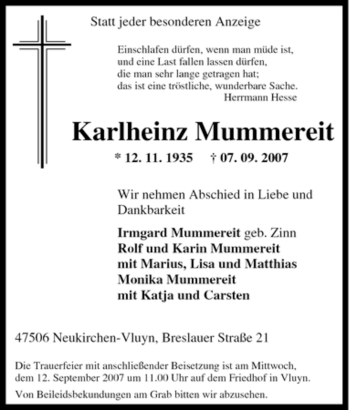 Traueranzeige von Karlheinz Mummereit von Tageszeitung