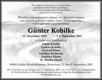Traueranzeige von Günter Kobilke von Tageszeitung