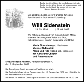 Traueranzeige von Willi Sidenstein von Tageszeitung