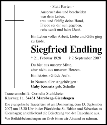 Traueranzeige von Siegfried Endling von Tageszeitung