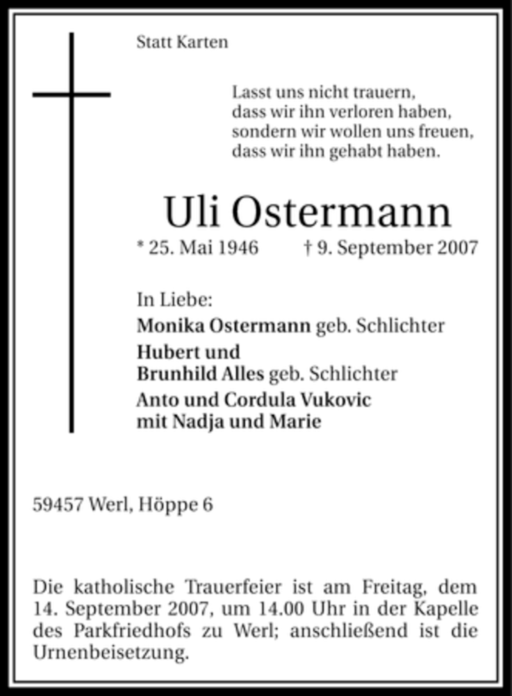 Traueranzeigen Von Uli Ostermann Trauer In Nrwde 9977