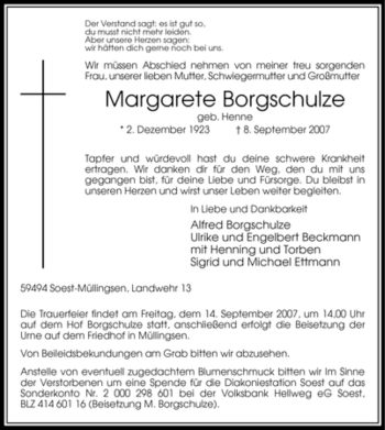Traueranzeige von Margarete Borgschulze von Tageszeitung