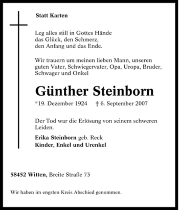 Traueranzeigen von Günther Steinborn TrauerinNRW.de