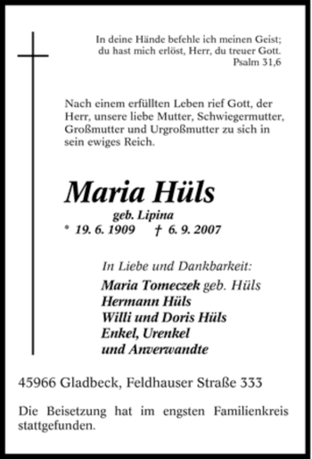 Traueranzeige von Maria Hüls von Tageszeitung