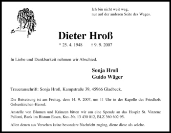 Traueranzeige von Dieter Hroß von Tageszeitung