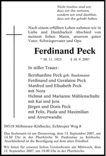 Traueranzeige von Ferdinand Peck von Tageszeitung