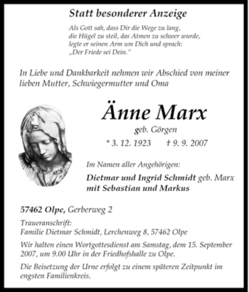 Traueranzeige von Änne Marx von Tageszeitung