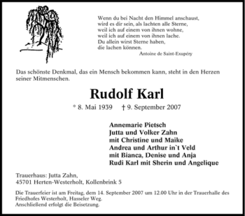 Traueranzeige von Rudolf Karl von Tageszeitung