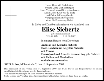 Traueranzeige von Elise Siebertz von Tageszeitung