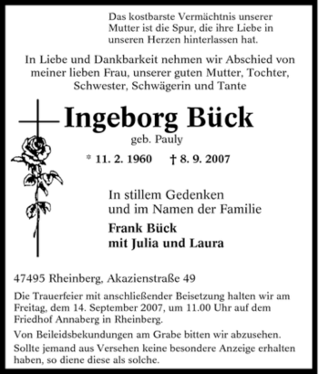 Traueranzeige von Ingeborg Bück von Tageszeitung