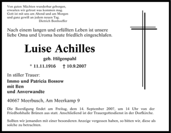 Traueranzeige von Luise Achilles von Tageszeitung